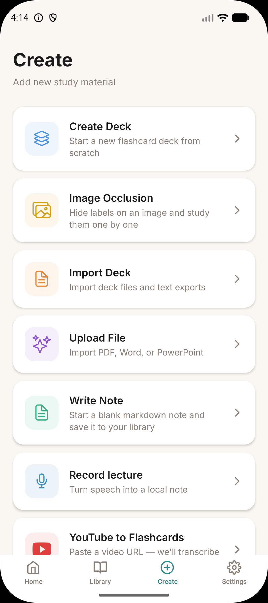 Aven create screen for adding study material and generating flashcards