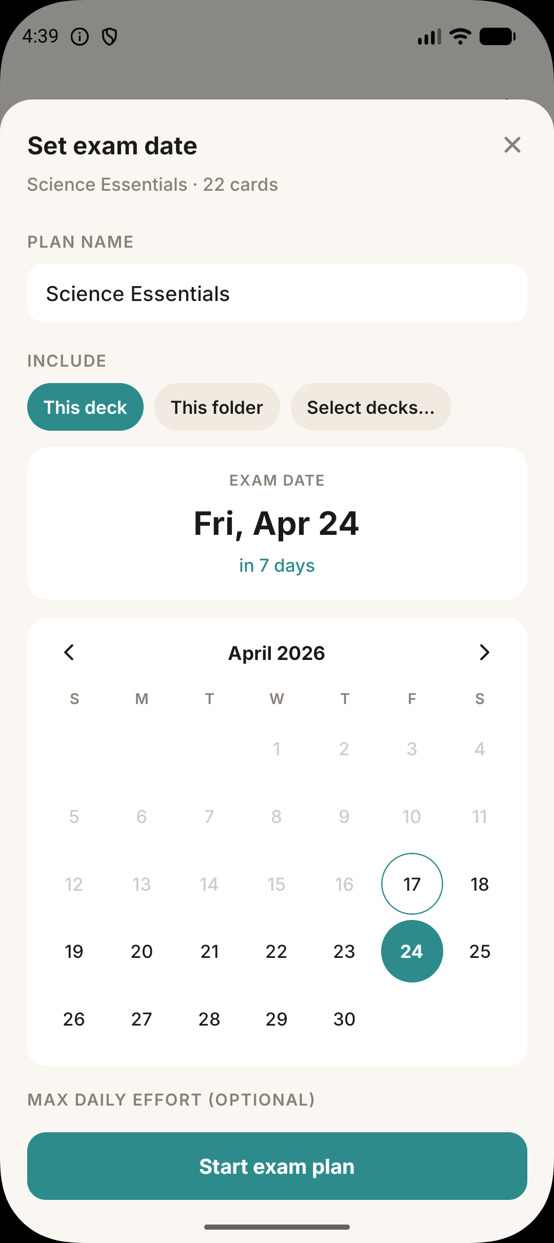 Aven exam planning screen for daily review targets